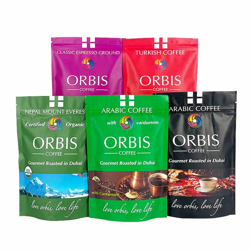 Printed stand-up coffee pouches in multiple colors